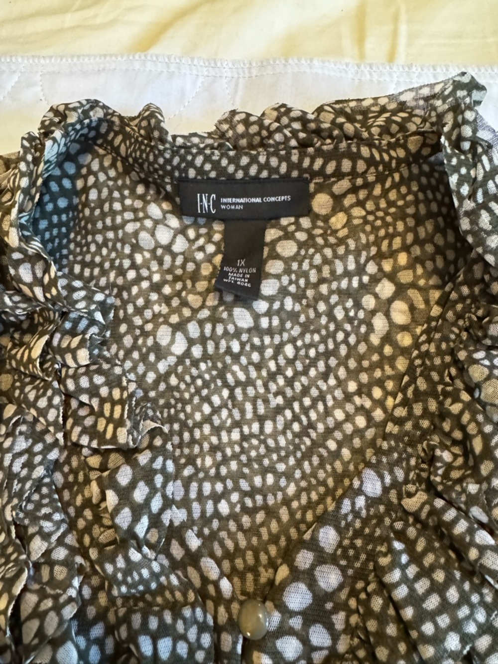 INC International Concepts Olive and Cream Printed Ruffle Neck Blouse